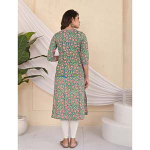 Robe longue décontractée pour femme en coton imprimé vert et bleu, style Kurti, respirante, taille XS, conçue sur mesure, pour club ou soirée. - Product Image 5