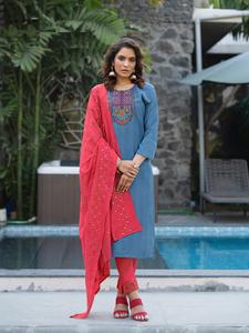 Ensemble Kurti et Dupatta pour femme, multicolore, en tissu slub fantaisie brodé, style chandelier, prêt-à-porter, vêtements indiens et pakistanais - Product Image 5