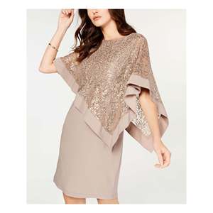 Abito da sera corto R M Richards da donna, taglia Petite, color tortora, con paillettes e pizzo, modello a tubino, con mantellina superiore, taglia 14 P - Product Image 1