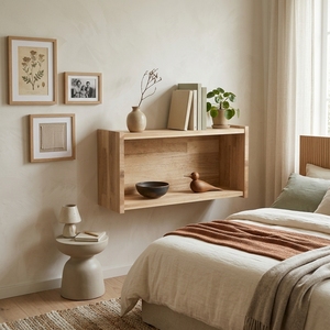 Meuble mural en bois massif avec étagère flottante et vitrine ouverte, unité de rangement pour salon - Product Image 4