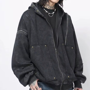 Sweat-shirts d'hiver pour hommes en molleton français 100% coton, style urbain, avec fermetures éclair supplémentaires, effet vieilli par pulvérisation, broderie vierge, 400 GSM, vintage - Product Image 1