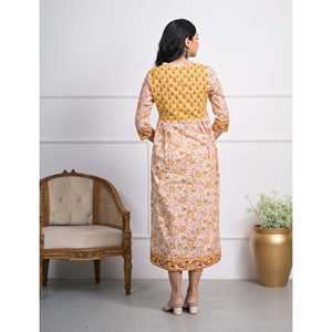 Vestido largo de algodón amarillo con estampado de bloques, estilo hippie elegante e informal para mujer, cintura imperio, transpirable, hasta el suelo. - Product Image 5