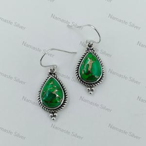 Boucles d'oreilles en argent sterling turquoise, forme poire en cuivre vert, faites à la main, style bohème, pour mariage, fête, bijoux pour femmes - Product Image 1