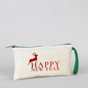 Trousse à crayons Happy New Year avec motif festif, 8 x 4 (21 x 10 cm), sac en coton vert avec fermeture éclair - Product Image 4