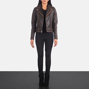 Carolyn – veste de motard Vintage marron pour femme, en cuir véritable peau de mouton, Aniline, fermeture éclair, doublure et intérieur en Viscose - Product Image 6