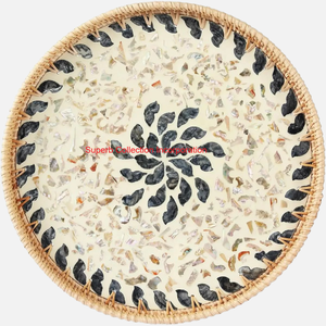 Ensemble de plateau de service en rotin tissé avec poignées en mosaïque verte plateau en osier rond décoratif pour la Table de cuisine à la maison et le service de fête - Product Image 2