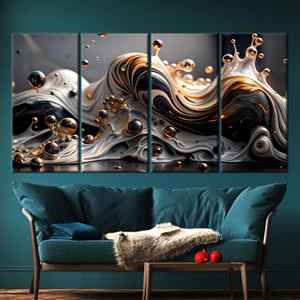 Impression sur toile moderne abstraite à motif de vague liquide - Tourbillon doré et noir métallisé, 4P : encadré - Product Image 1