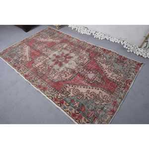 Alfombra turca Vintage de 4,4x7,1 pies, área grande, rojo, gris, Patchwork, diseño abstracto, Material de lana, látex para pasillo Rectangular adolescente - Product Image 4