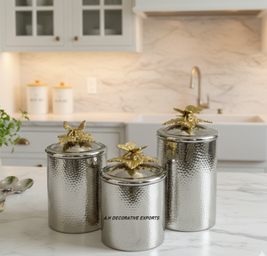 Boîte à thé de luxe en argent martelé, faite à la main, en acier inoxydable, avec couvercle papillon doré, écologique, pour la maison et la cuisine - Product Image 5