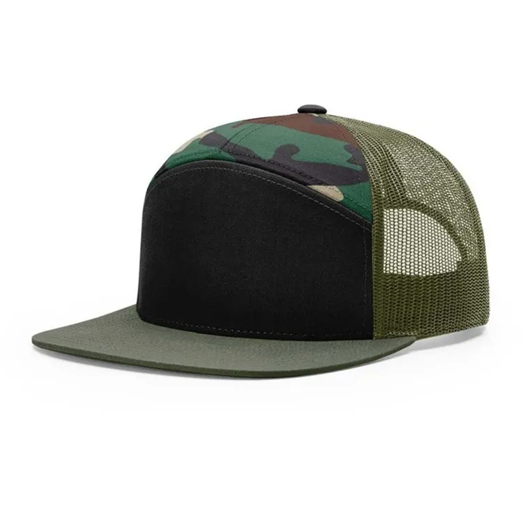 HS19 Haute Qualité sport 168 style haute couronne 7 panneaux plat facture camo maille chapeau de camionneur avec patch en cuir sublimé