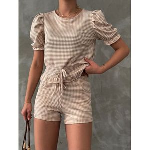 Blusa de Mujer Topshow con Cintura Fruncida y Detalle Elástico, Diseño a Cuadros, Mezcla de Algodón y Poliéster, Color Piedra - Product Image 3