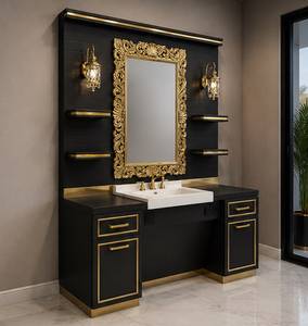 Estación de Trabajo de Barbería Moderna de Alta Gama con Espejo Doble, Marco Dorado, Lavabo y Almacenamiento |   Muebles de Salón para Barberías Decorsall - Product Image 4