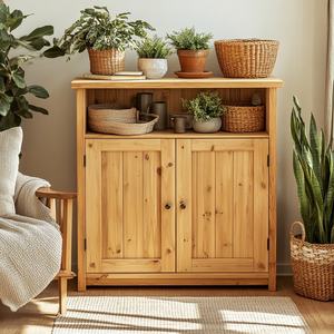 Natural Pine Wood Entryway Storage Cabinet with 3 Doors, Minimalist Console <b>Sideboard</b> for Hallway and Living Room Wholesale - Product Image 3