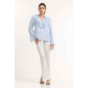 Blusa Tejida Retro Azul Cielo 231-217-072 de Algodón y Gasa con Cuello Solapa Talla XL Ajustada Corta Formal para Verano, Otoño y Primavera - Product Image 6