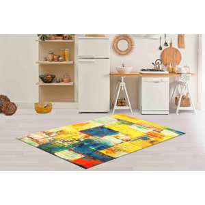 Tapis d'art abstrait : décor moderne jaune, vert et bleu, avec tapis à poils doux - Product Image 3