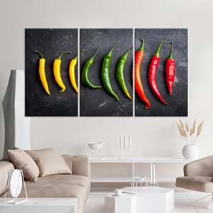 Arte en lienzo para cocina moderna: Impresión vibrante de pimientos para una decoración elegante, JUEGO DE 3 LIEÑOS - Product Image 1