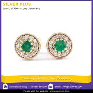 Design original Inde Ethice Boucles d'oreilles en or massif 14 carats Boucles d'oreilles rondes en émeraude naturelle avec diamant Boucles d'oreilles à clous en or pour femmes - Product Image 2