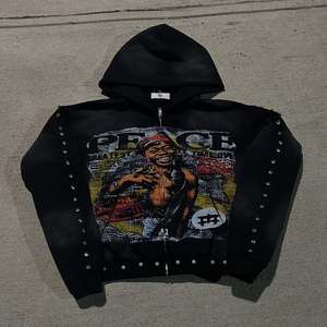 Sudadera con Capucha Oversize de Algodón Francés con Cremallera, Estilo Urbano Invernal, Estampado DTG, Efecto Desgastado por el Sol, 100% Algodón, Ecológica, con Piedras Preciosas - Product Image 1