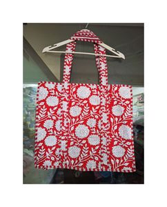 Crimson Boho Floral Quilted Tote <b>Bag</b> Red Floral Block Print Cotton for Summer - Product Image 1