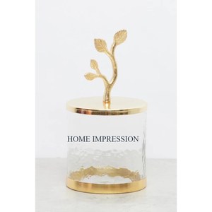 Medium Size Hammered Gold Metal Knob Leaf-Design Home Kitchen Tool with Cover Sugar Canister and Gadgets Containers - Product Image 1