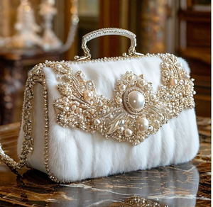 Luxury faux <b>fur</b> bridal clutch with intricate pearl and crystal embroidery. Elegant evening style. #wholesale - Product Image 1