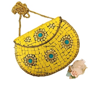 ZAMZAM IMPEX <b>Yellow</b> Stone Metal Inlay Evening Clutch Bag Handcrafted Designer <b>Purse</b> for Women Daily Use Parties Special - Product Image 1