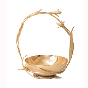 Traditional Handcrafted Leafy Shape Handle Design Glossy Gold Color Table Centrepiece Decor <b>Metal</b> <b>Bowl</b> At Best Price - Product Image 1