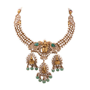 Gajaah 925 Sterling <b>Silver</b> A Grand Nakshi Temple <b>Choker</b> With Polki Diamonds & Emeralds Necklace Set Earrings And Necklace Set - Product Image 2