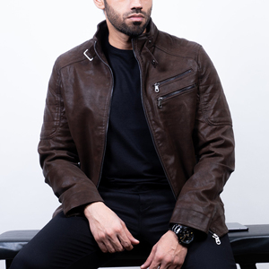 Nouvelle veste en cuir à doublure en coton lavé marron clair à la mode Veste motard de rue décontractée à col montant de haute qualité pour hommes - Product Image 2