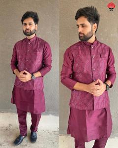 Vêtements ethniques indiens traditionnels pour hommes Pyjama Kurta brodé violet classique Veste en soie brodée riche Fêtes de mariage - Product Image 6