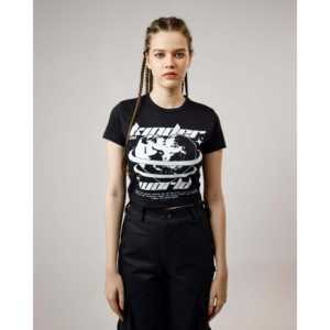 T-shirt pour femme Kinder World, écologique, 100% coton, style Y2K, respirant, jersey, taille unique, disponible en XS et XXS - Product Image 1