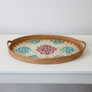 Bandeja de mimbre con forma de flor ovalada, bandeja de servicio de perla Madre, hecha a mano, vietnamita, artesanal, respetuoso con el medio ambiente - Product Image 2