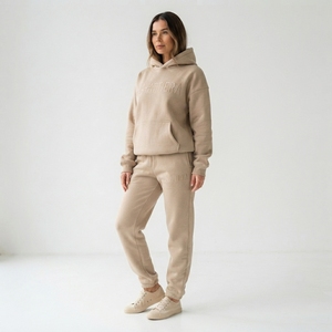 Womens Beige Cotton Fleece Hoodie Tracksuit <b>Set</b> Pullover Sweatshirt <b>Jogger</b> Pants <b>Matching</b> Casual Sportswear Loungewear - Product Image 1