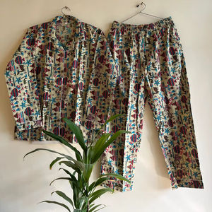 Luxe indien bloc imprimé doux coton pyjama ensemble de sommeil respirant grande taille femmes nuit costume Sexy noël Vibe vêtements de détente - Product Image 1