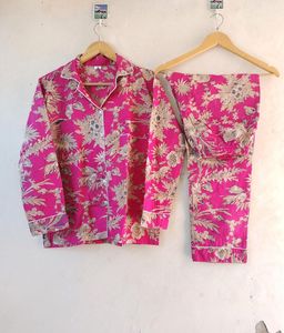Conjunto de ropa de dormir de algodón indio Rosa hecho a mano para mujer, pijama y camisa con estampado Floral informal, vestido de noche artesanal con bolsa - Product Image 5