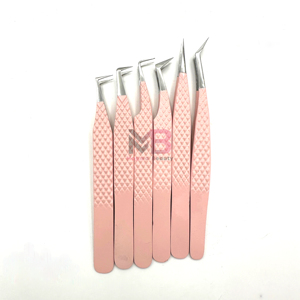 Ensemble complet de pinces à extensions de cils en acier inoxydable japonais, revêtement poudre rose bébé, poignée diamantée, pointes argentées, marque privée - Product Image 1
