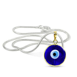 Collar de cadena de eslabones de acero inoxidable chapado en oro con colgante redondo de ojo turco azul de 20 mm - Product Image 1