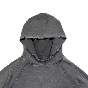 Sudaderas con capucha Vintage de algodón grueso de alta calidad, venta al por mayor, jersey en blanco, Sudadera con capucha en blanco desgastada lavada con piedra ácida desgastada recortada - Product Image 6