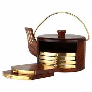 Lot de 6 sous-verres en bois sculptés à la main en forme de théière avec des tapis et tampons décoratifs en laiton pour cadeaux de fête des mères - Product Image 5