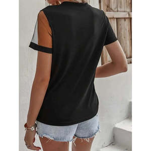 Blusa de Crepé de Manga Corta para Mujer con Detalles de Tul y Adornos de Pedrería, 37318 - Negro - Product Image 5