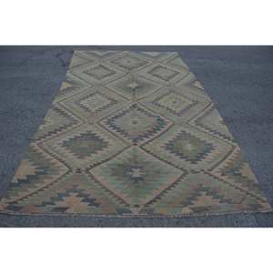 Alfombra turca Kilim 6,2X10,9 pies Azul Beige Tejido plano Lana hecha a mano Jacquard Felpa Pila Altura Rectángulo Pasillo Estampado Látex - Product Image 1