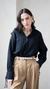 Blusa de lino negro bohemio vintage 100% algodón cuello pico transpirable y secado rápido verano ODM suministro - Product Image 2