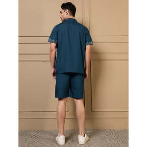 Amanush <b>Men's</b> Teal Blue Solid Cotton Co-ord Set Notched Collar Shirt Embroidered Shorts Lace Details Breathable Casual Summer - Product Image 4