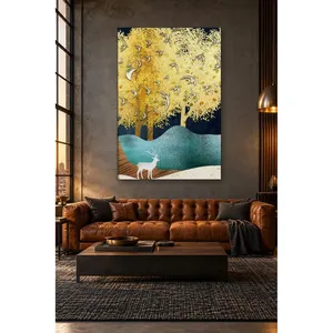 Impression sur toile Fida avec des arbres dorés et des cerfs blancs sur fond clair - Product Image 5
