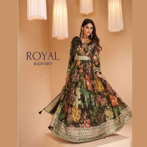 ใหม่ดอกไม้พิมพ์จริง Georgette Aanarkali งานแต่งงาน Drees ในอัตราการผลิต - Product Image 1