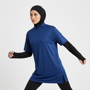T-shirt de sport respirant et écologique UPF50+ pour femmes musulmanes modestes, avec épaules tombantes et manches à trous pour les pouces, idéal pour le fitness et la gym - Product Image 1