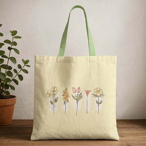 Floral Art Canvas Tote <b>Bag</b> Durable Reusable Eco-Friendly Medium Size <b>Long</b> Handle for Daily Food Advertising Gift Usage - Product Image 1