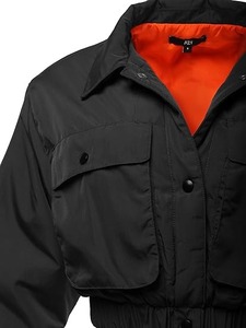 Women's Cropped Front Two Pocket Snap <b>Quilted</b> Padding Bomber Jacket - Product Image 4