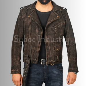 Chaqueta de motorista de cuero de vaca desgastada para hombre, chaqueta de motorista de cuero de motocicleta Vintage, chaqueta de Moto Retro hecha a mano para Casual - Product Image 5