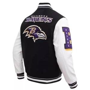Pakistan Factory Custom Logo Leather Sleeves Embroidery Black <b>Wool</b> <b>White</b> Leather Sleeves College Letterman Varsity Jacket - Product Image 5